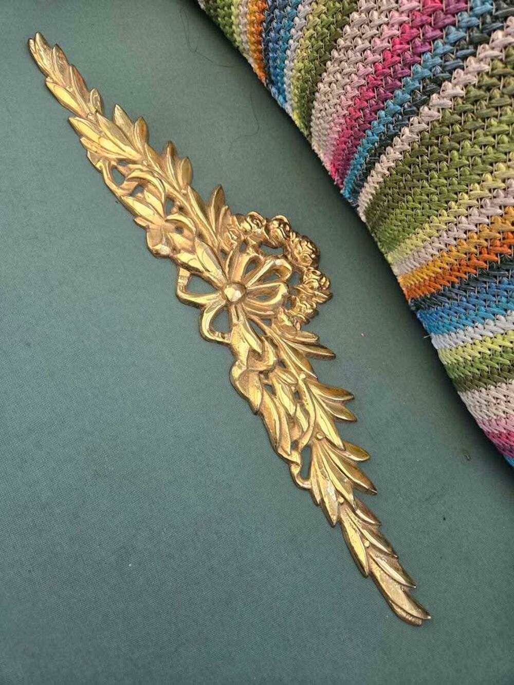 Vintage Style Brass Bow and Floral Furniture Applique